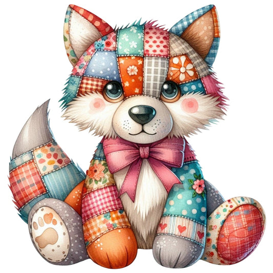 Quilted Toy Animals Fabric Panel 2 features a colorful patchwork fox with floral and checkered quilting cotton patterns.