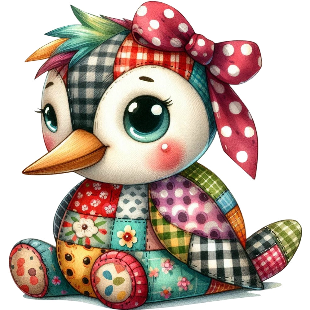 Quilted Toy Animals Fabric Panel 21 featuring a colorful patchwork bird with large eyes and a red polka dot bow on its head.