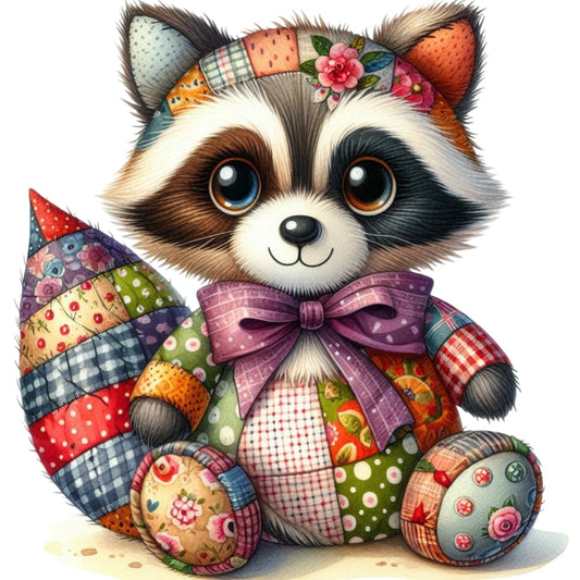 Quilted Toy Animals Fabric Panel 22 featuring a colorful patchwork raccoon design in premium quilting cotton.