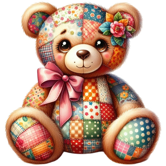 Quilted Toy Animals Fabric Panel 23 features a patchwork teddy bear with colorful quilting cotton and detailed embroidery.