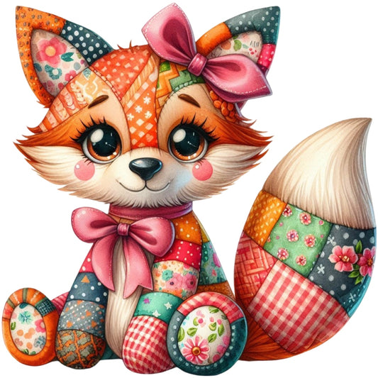 Quilted Toy Animals Fabric Panel 24 featuring a colorful patchwork fox with large eyes and pink bows in premium quilting cotton.