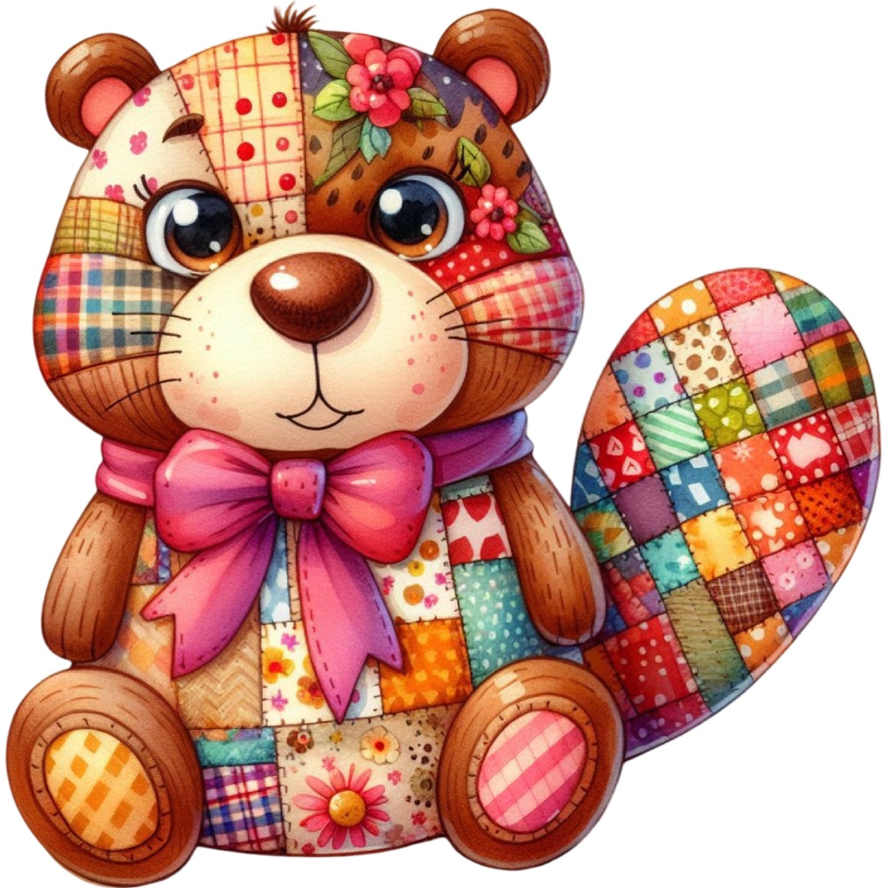 Quilted Toy Animals Fabric Panel 3 features a colorful patchwork beaver with a pink bow tie made from premium quilting cotton.