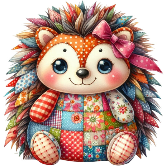 Quilted Toy Animals Fabric Panel 5 showcases a colorful patchwork hedgehog with detailed quilting cotton prints.