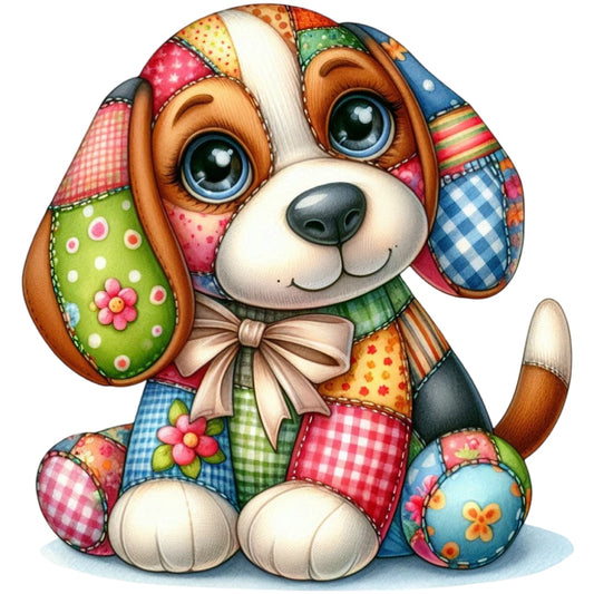 Quilted Toy Animals Fabric Panel 6 featuring a colorful patchwork puppy with large eyes and floral patterns on premium quilting cotton.