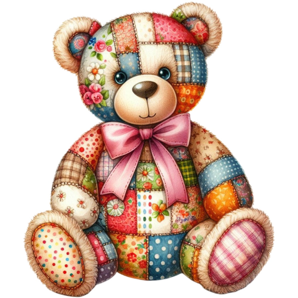 Quilted Toy Animals Fabric Panel 7 features a colorful patchwork teddy bear made from premium quilting cotton with intricate floral and plaid patterns.