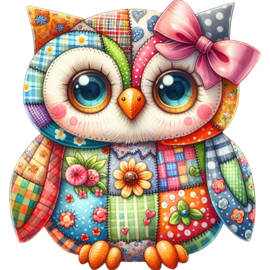 Quilted Toy Animals Fabric Panel 8 featuring a colorful patchwork owl with large eyes and a pink bow on premium quilting cotton.