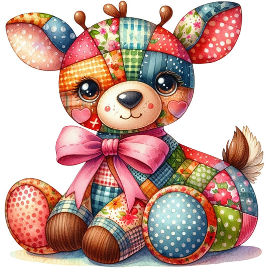 Quilted Toy Animals Fabric Panel 9 features a colorful patchwork fabric deer with a pink bow, printed on premium quilting cotton.