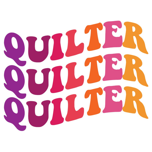 Quilter Quilter Quilter Fabric Panel with vibrant purple, orange, and pink lettering, perfect for premium quilting cotton projects.