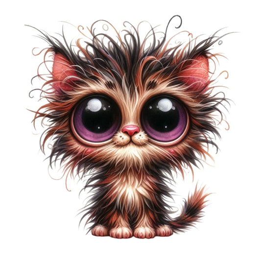 Quirky Crazy Cats Fabric Panel 22 featuring a detailed, whimsical cat with large purple eyes and fluffy fur design.