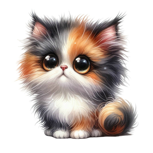 Quirky Crazy Cats Fabric Panel 26 features an adorable, fluffy calico kitten with large expressive eyes printed on premium quilting cotton.