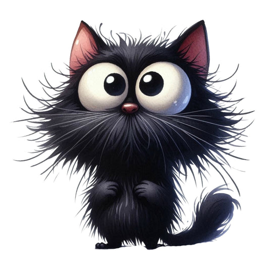 Quirky Crazy Cats Fabric Panel 7 features a wide-eyed, fluffy black cat illustration for premium quilting cotton.