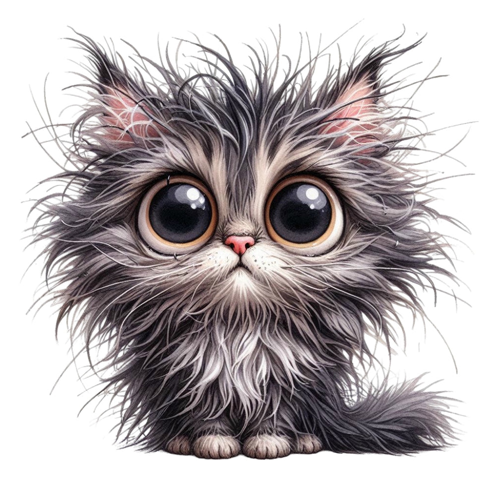 Quirky Crazy Cats Fabric Panel 9 featuring a wide-eyed, fluffy gray kitten illustration in premium quilting cotton print.