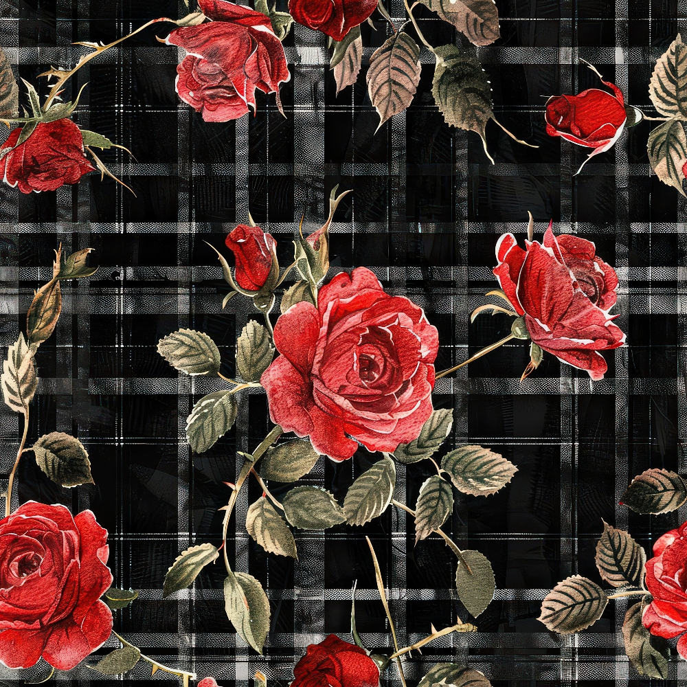 Scarlet Tartan Blooms Pattern 3 Minky Fabric