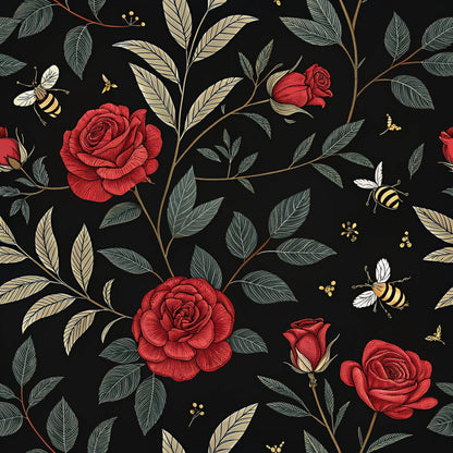Red Roses and Bees Pattern 21 Quilting Cotton Fabric