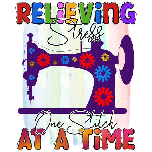 Relieving Stress Fabric Panel featuring colorful sewing machine and text "One Stitch at a Time" printed on premium cotton fabric.