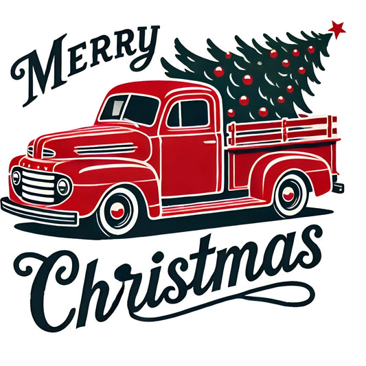 Retro Red Truck Merry Christmas Fabric Panel 1 featuring a vintage red truck carrying a decorated Christmas tree with festive lettering.
