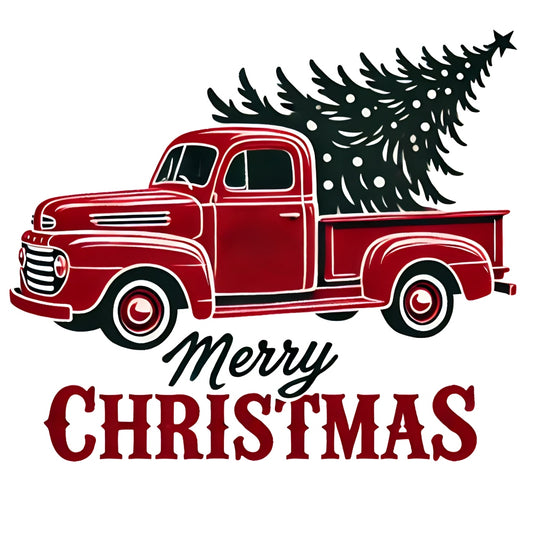 Retro Red Truck Merry Christmas Fabric Panel 2 featuring a vintage red truck carrying a Christmas tree with festive lettering.