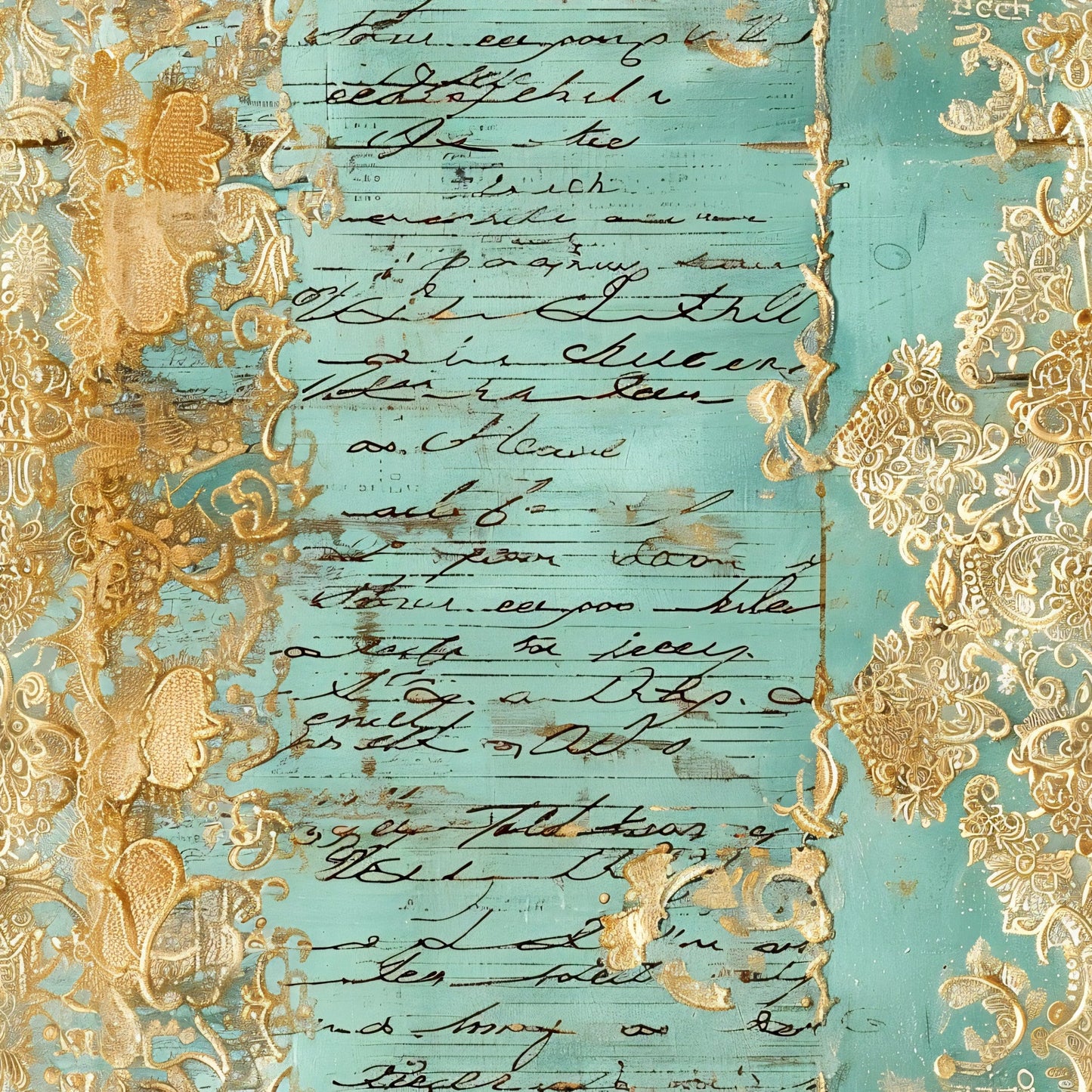 Romantic Rococo Turquoise Gold Pattern 11 Quilting Cotton Fabric