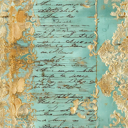 Romantic Rococo Turquoise Gold Pattern 11 Quilting Cotton Fabric