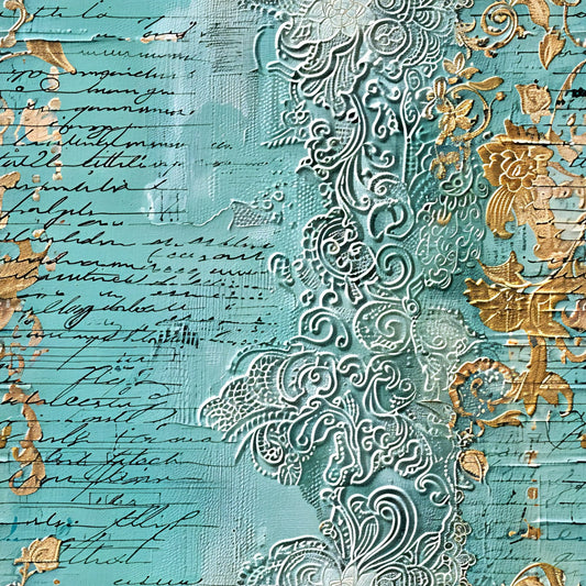 Romantic Rococo Turquoise Gold Pattern 12 Quilting Cotton Fabric