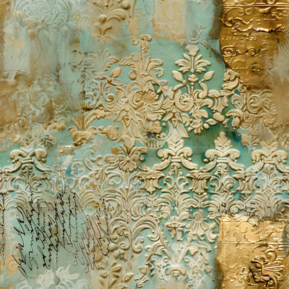Romantic Rococo Turquoise Gold Pattern 14 Quilting Cotton Fabric