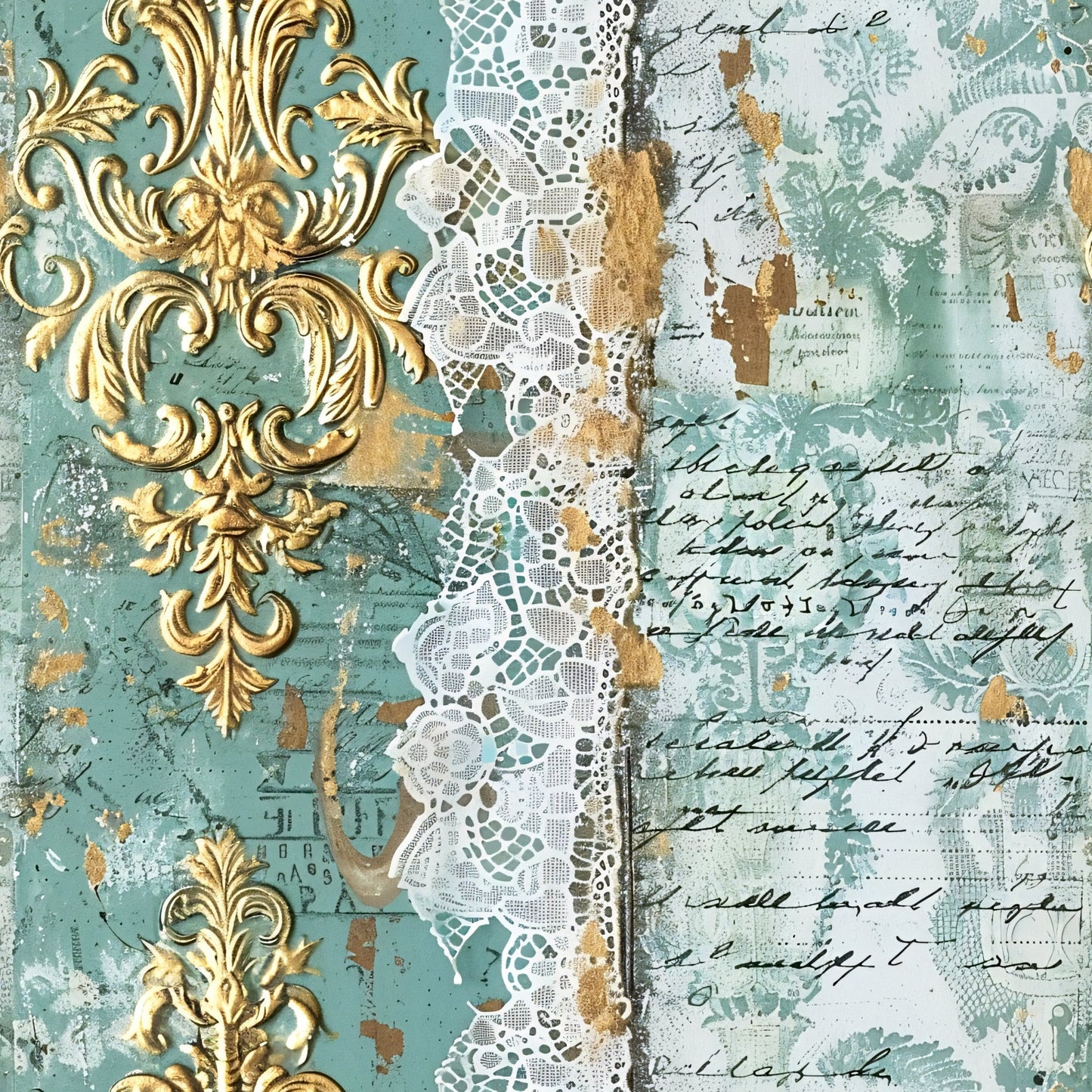 Romantic Rococo Turquoise Gold Pattern 15 Quilting Cotton Fabric