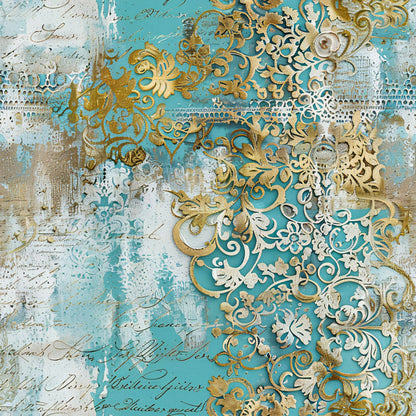Romantic Rococo Turquoise Gold Pattern 20 Quilting Cotton Fabric