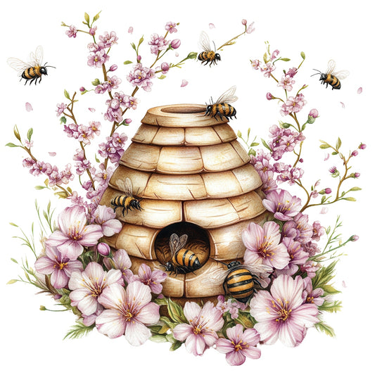 Rustic Beehive with Flowers Fabric Panel 1 featuring a vintage beehive surrounded by blooming pink flowers and buzzing bees.