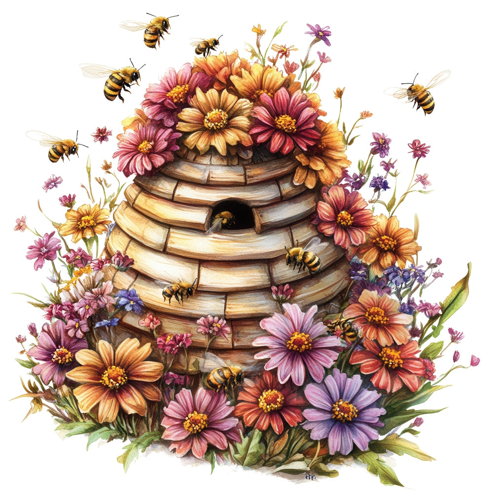 Rustic Beehive with Flowers Fabric Panel 10 featuring a wooden beehive surrounded by colorful flowers and bees in flight.