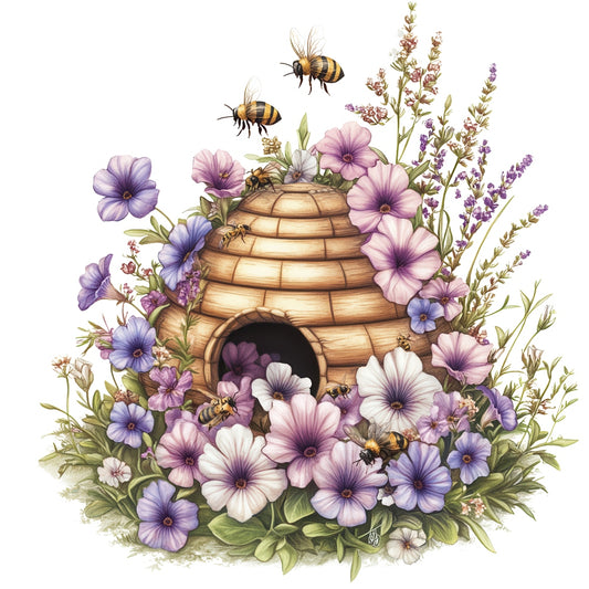Rustic Beehive with Flowers Fabric Panel 11 featuring a detailed beehive surrounded by purple and pink flowers with bees flying and resting on the petals.