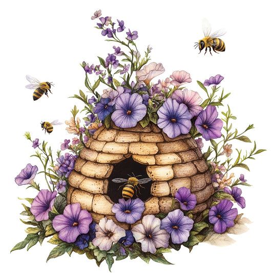 Rustic Beehive with Flowers Fabric Panel 12 showcasing a detailed beehive surrounded by purple flowers and buzzing bees.