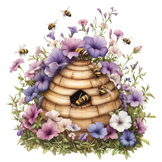Rustic Beehive with Flowers Fabric Panel 13 featuring a detailed beehive surrounded by colorful purple and pink flowers with bees.