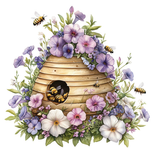 Rustic Beehive with Flowers Fabric Panel 14 featuring detailed bees, colorful purple and white flowers, and a natural beehive design.