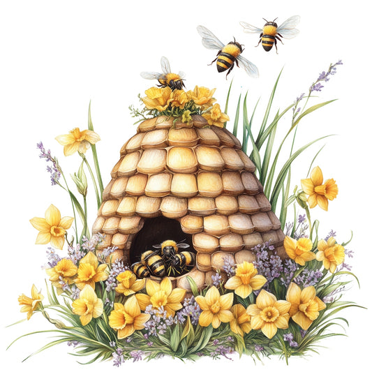 Rustic Beehive with Flowers Fabric Panel 15 featuring detailed bees, yellow daffodils, and a charming beehive on premium cotton fabric.
