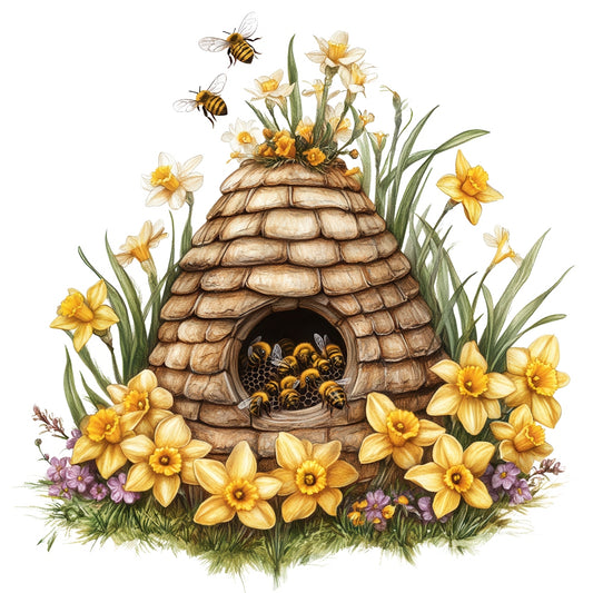 Rustic Beehive with Flowers Fabric Panel 16 featuring a detailed beehive surrounded by yellow flowers and busy bees on quilting cotton.