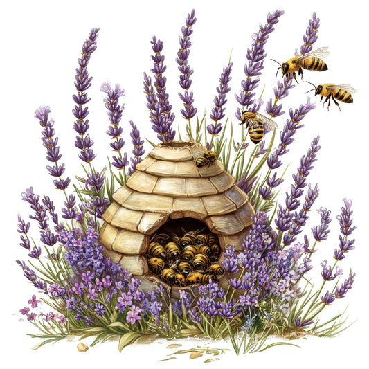 Rustic Beehive with Flowers Fabric Panel 18 featuring a detailed beehive surrounded by purple flowers and busy bees in premium quilting cotton print.