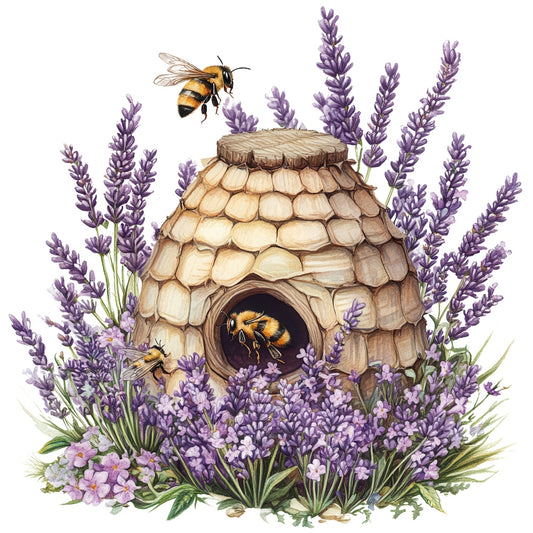 Rustic Beehive with Flowers Fabric Panel 19 featuring a detailed beehive surrounded by lavender and bees on premium quilting cotton.