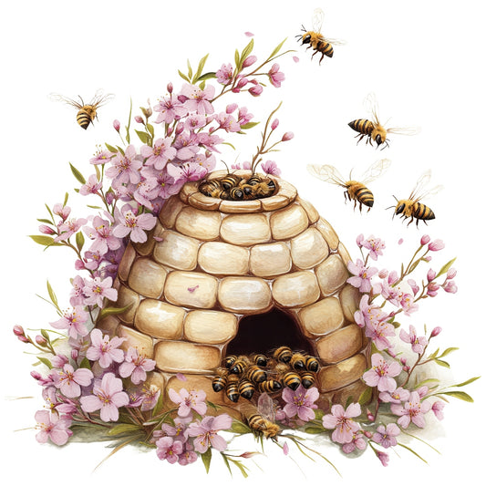 Rustic Beehive with Flowers Fabric Panel 2 showing a stone beehive surrounded by pink blossoms and busy bees in flight.