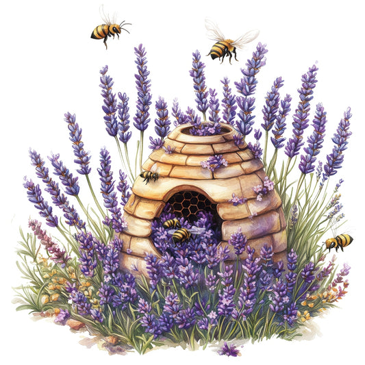 Rustic Beehive with Flowers Fabric Panel 20 features a detailed beehive surrounded by purple lavender flowers and bees.