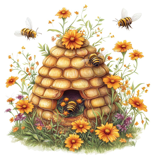 Rustic Beehive with Flowers Fabric Panel 21 featuring a detailed beehive surrounded by yellow and orange flowers with bees flying around.
