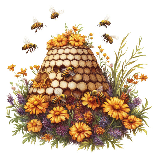 Rustic Beehive with Flowers Fabric Panel 22 featuring a honeycomb beehive surrounded by bees and vibrant yellow and purple flowers.