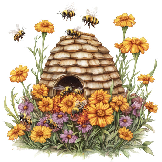 Rustic Beehive with Flowers Fabric Panel 23 featuring a detailed beehive surrounded by vibrant yellow and purple flowers with buzzing bees.