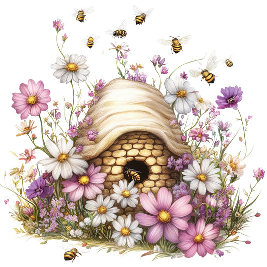 Rustic Beehive with Flowers Fabric Panel 24 featuring a detailed beehive surrounded by blooming wildflowers and honeybees in flight.