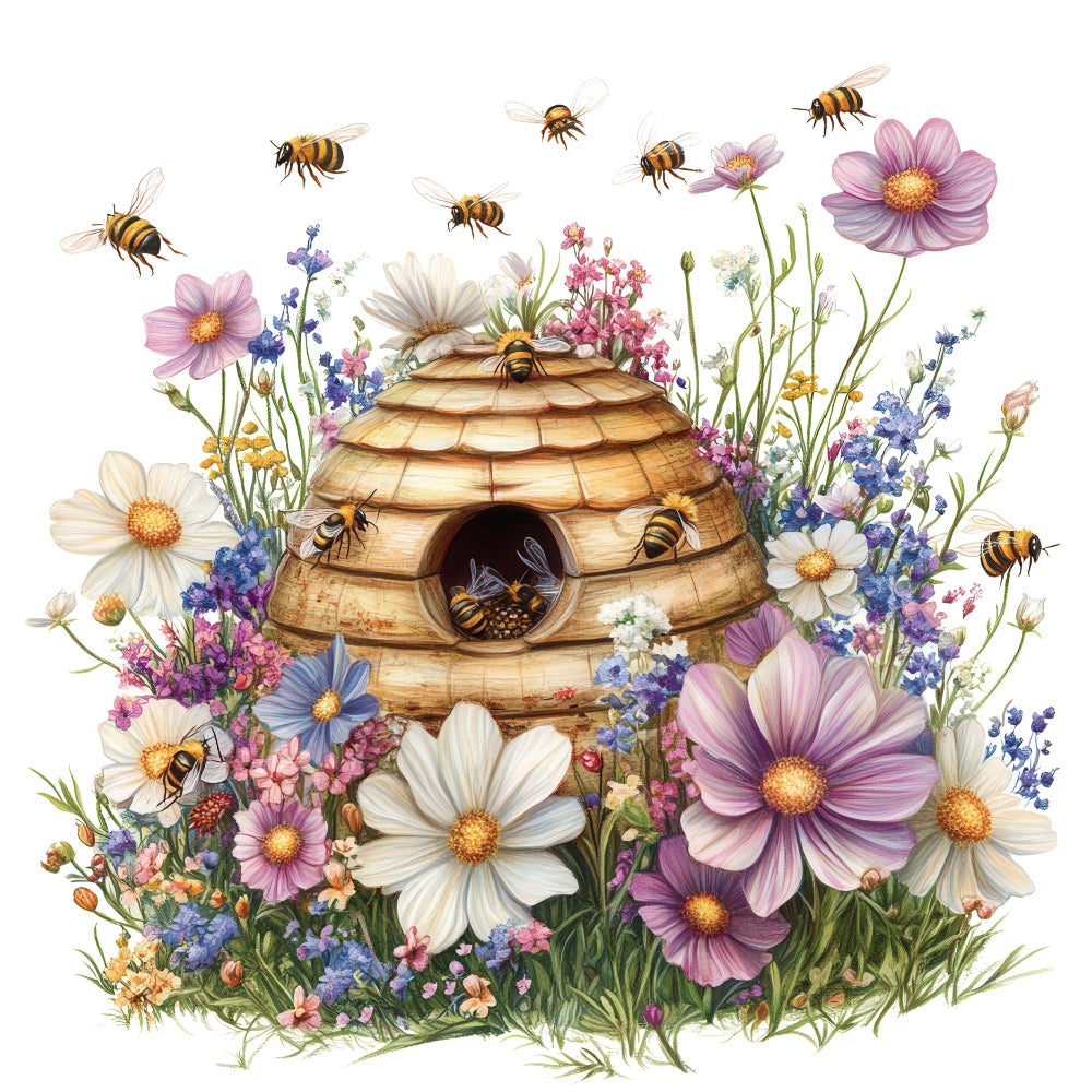 Rustic Beehive with Flowers Fabric Panel 25 featuring a detailed beehive surrounded by colorful wildflowers and bees in flight.