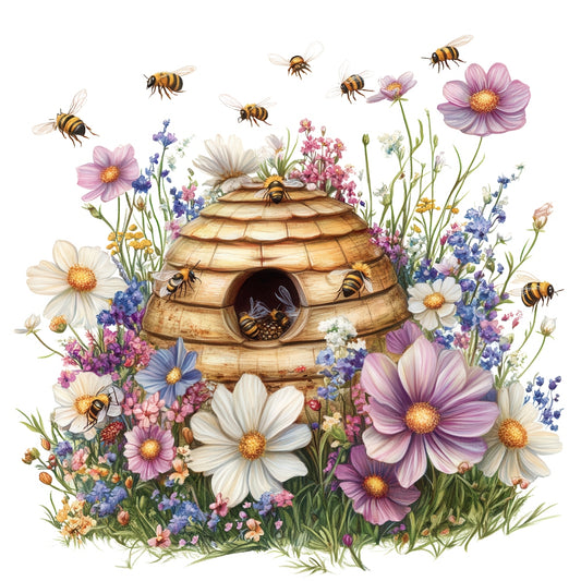 Rustic Beehive with Flowers Fabric Panel 25 featuring a detailed beehive surrounded by colorful wildflowers and bees in flight.