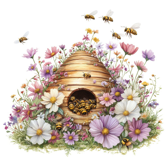 Rustic Beehive with Flowers Fabric Panel 26 featuring a wooden beehive surrounded by colorful blooming flowers and busy bees.