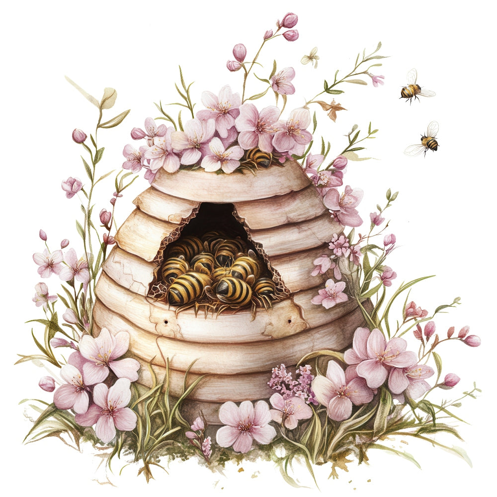 Rustic Beehive with Flowers Fabric Panel 27 featuring a detailed beehive surrounded by pink flowers and honeybees on premium cotton fabric.