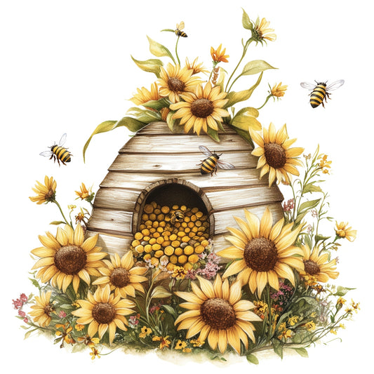 Rustic Beehive with Flowers Fabric Panel 28 featuring a wooden beehive, sunflowers, and bees on premium quilting cotton fabric.