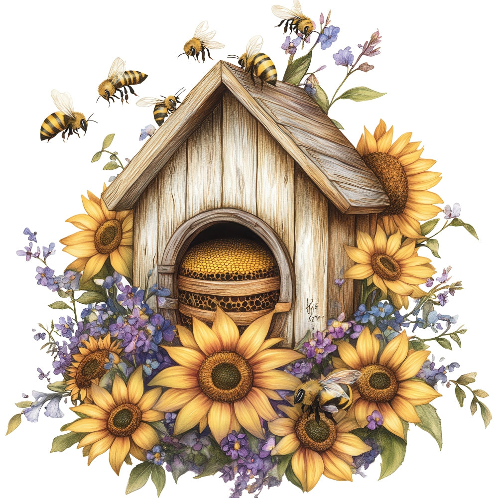 Rustic Beehive with Flowers Fabric Panel 29 featuring a wooden beehive, sunflowers, purple blossoms, and bees in flight.