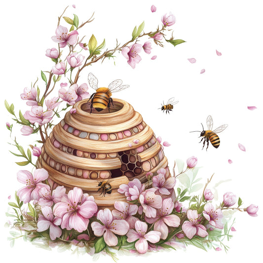 Rustic Beehive with Flowers Fabric Panel 3 featuring a handcrafted beehive surrounded by blooming pink flowers and flying bees.